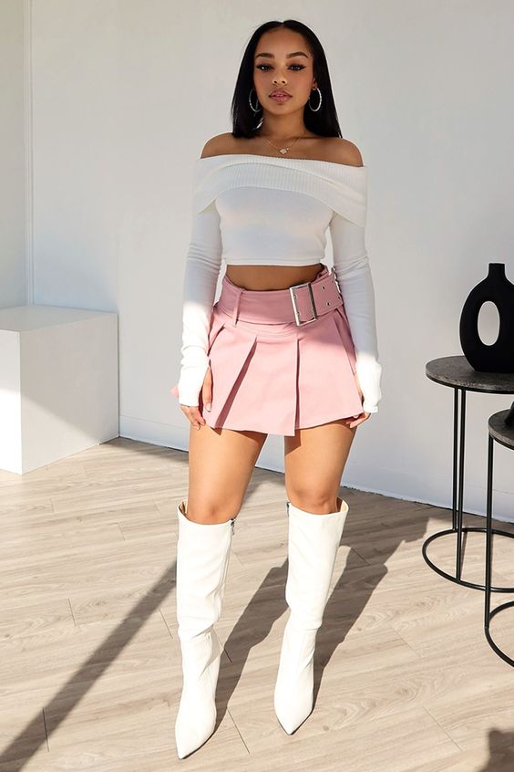 Off-Shoulder White Top with Pink Mini Skirt